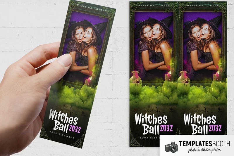 Halloween Witches Ball photo booth template: halloween photo strip held in hand beside two matching strips