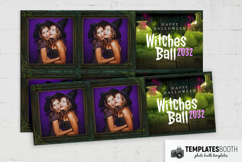 Halloween Witches Ball photo booth template: overlapping horizontal Halloween strips with two photos each