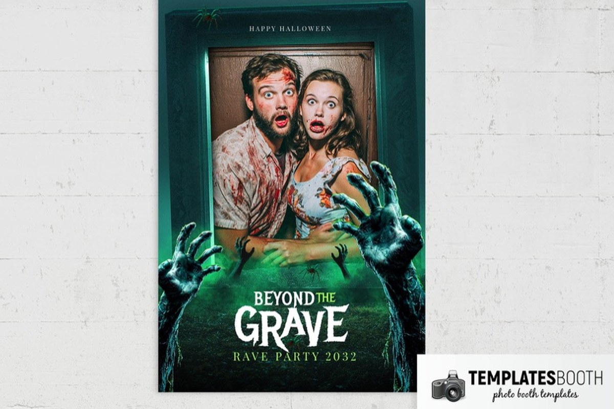 Halloween photo booth template with zombie hands rising through green fog beneath a brown photo frame