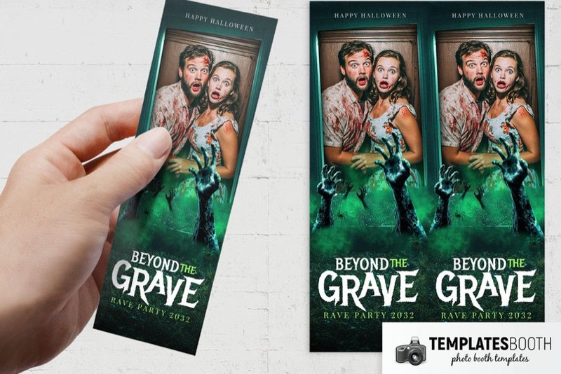 Halloween Zombies photo booth template: halloween strip held in a hand beside two matching strips