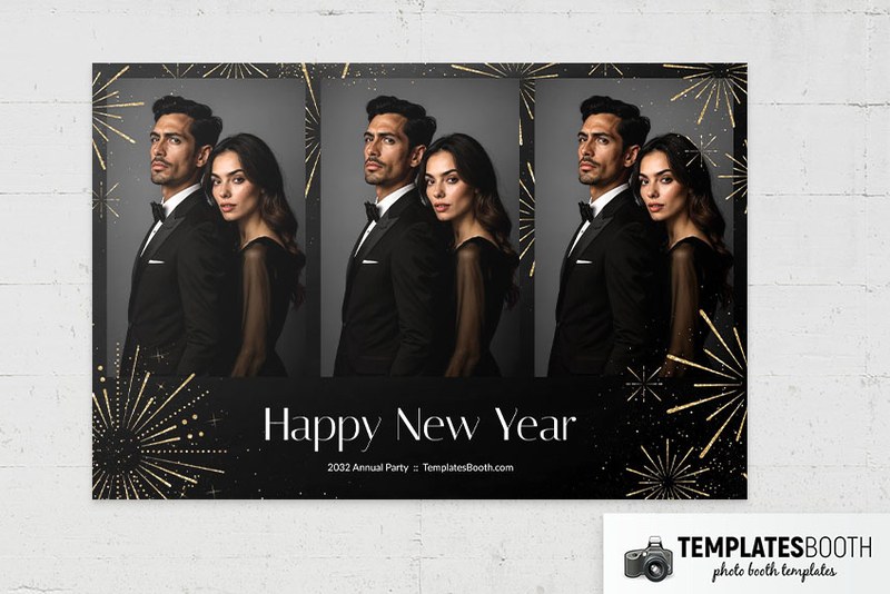 Happy New Year photo booth template: landscape print with three photos above Happy New Year text