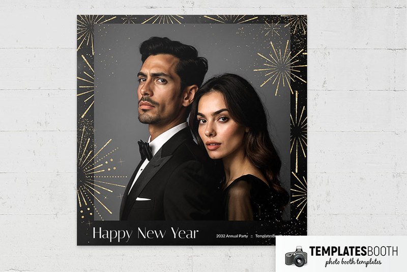 Happy New Year photo booth template: square print with one photo and Happy New Year footer