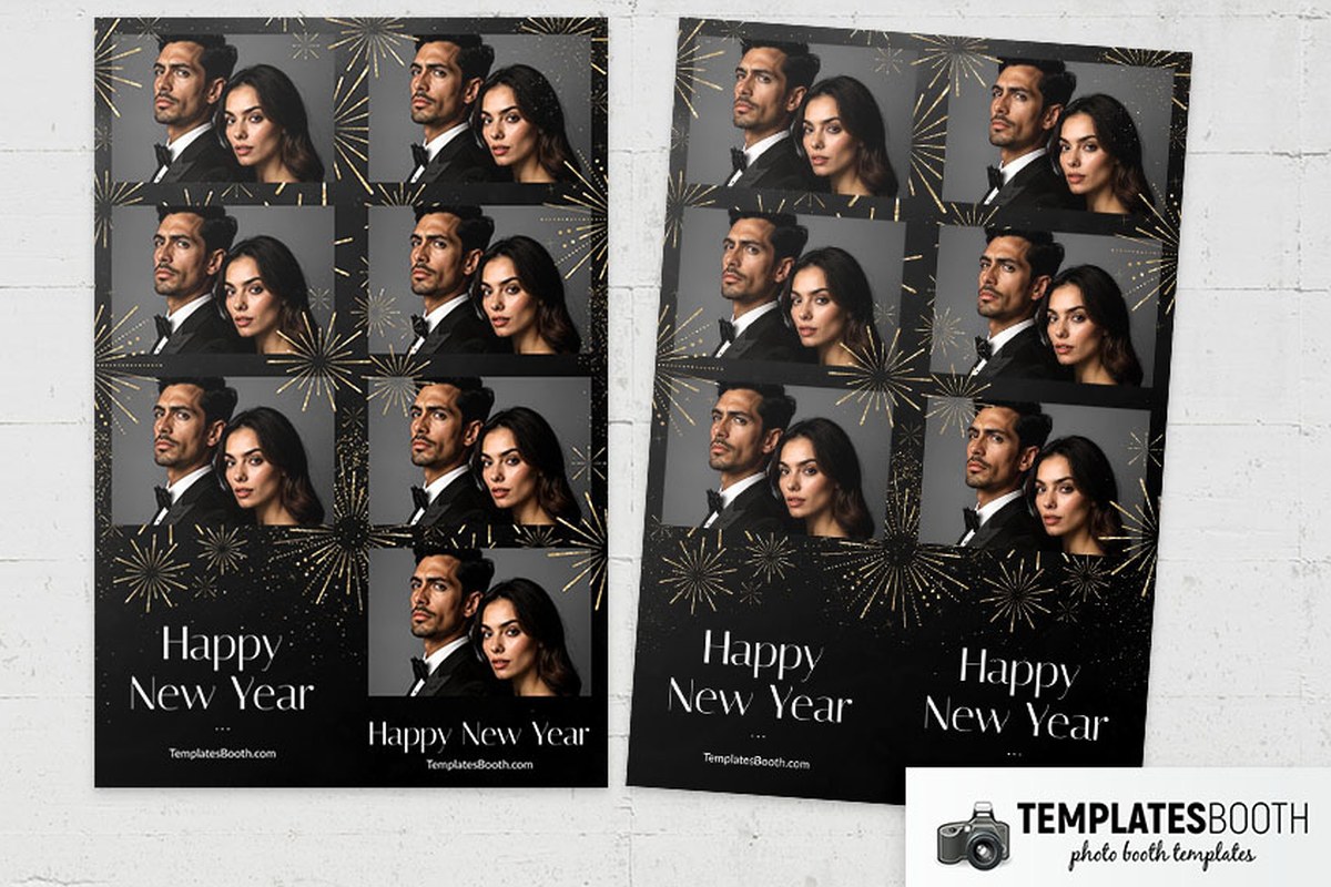 Happy New Year photo booth template with gold fireworks and speckles on black and a white serif greeting below the photos