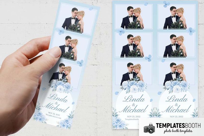 Ice Blue Wedding photo booth template: hand holding blue floral strip with three stacked photos