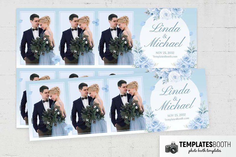 Ice Blue Wedding photo booth template: overlapping horizontal blue floral strips with three photos each