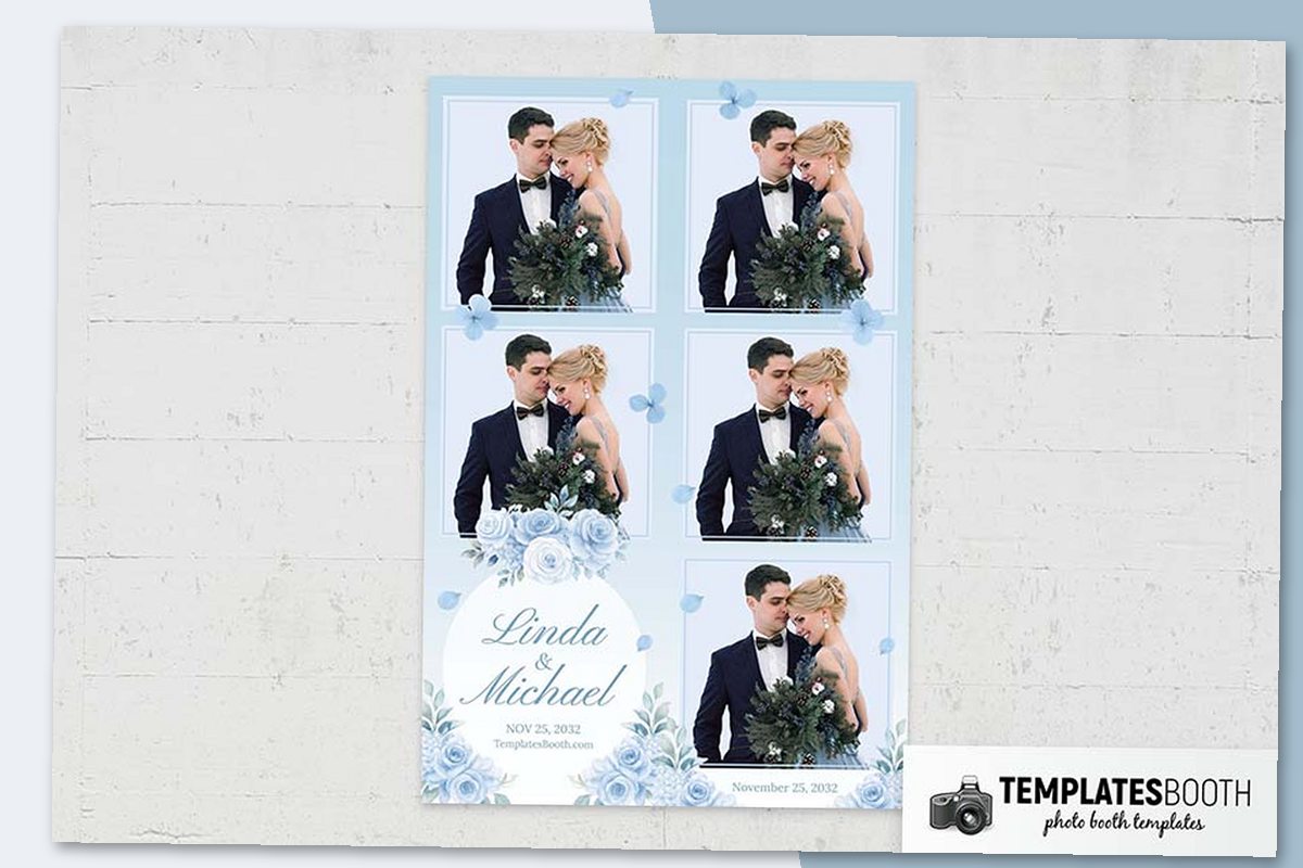 Ice Blue Wedding photo booth template with two stacked openings, blue roses, butterflies, and a white oval panel