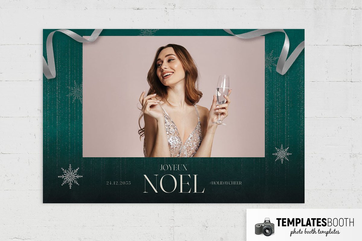 Joyeux Noel photo booth strip with dark teal borders, curling silver ribbons, glitter snowflakes and cream serif text
