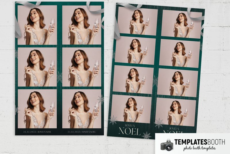 Joyeux Noel photo booth template: paired three-photo strips beside paired four-photo strips on white brick