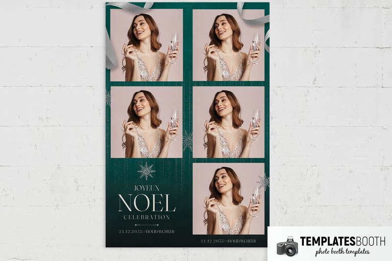 Joyeux Noel photo booth template: green portrait print with five photos on white brick