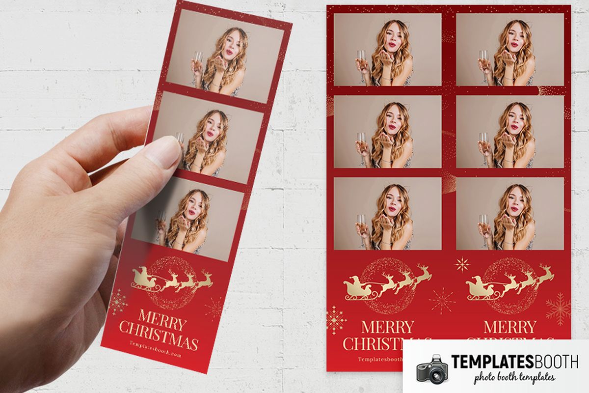 Red Christmas photo booth strip with gold snowflakes, starbursts and Santa’s sleigh pulled by three reindeer