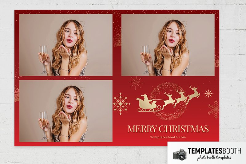 Merry Christmas photo booth template: red landscape print with three photos and gold sleigh