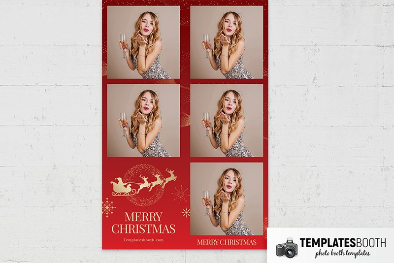 Merry Christmas photo booth template: red portrait print with five photos and gold sleigh