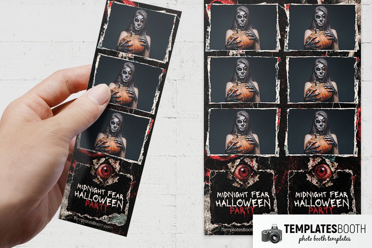 Halloween party photo booth template with distressed white borders, red smears and a red eyeball