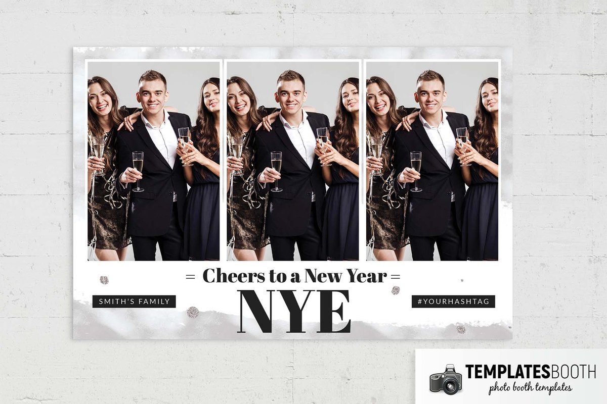 Minimal NYE photo booth template with pale grey texture, speckled dots, white-bordered photos, and oversized black lettering