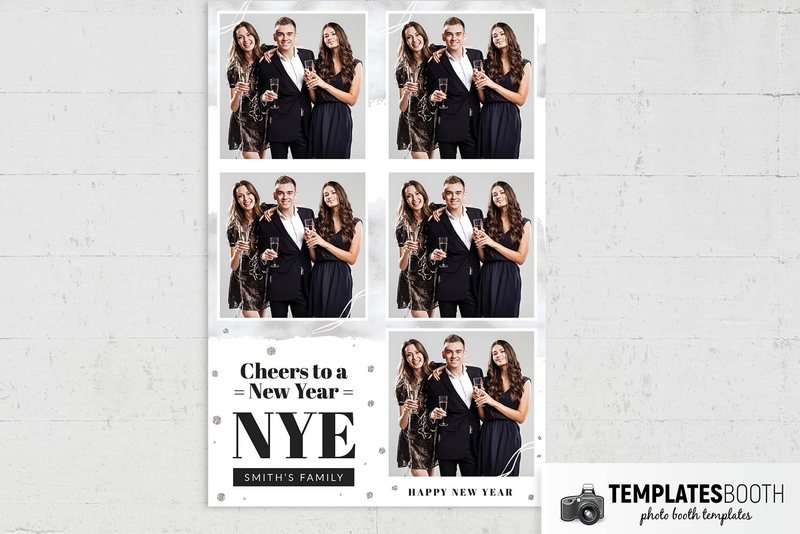 Minimal NYE photo booth template: portrait print with five photos and New Year greeting