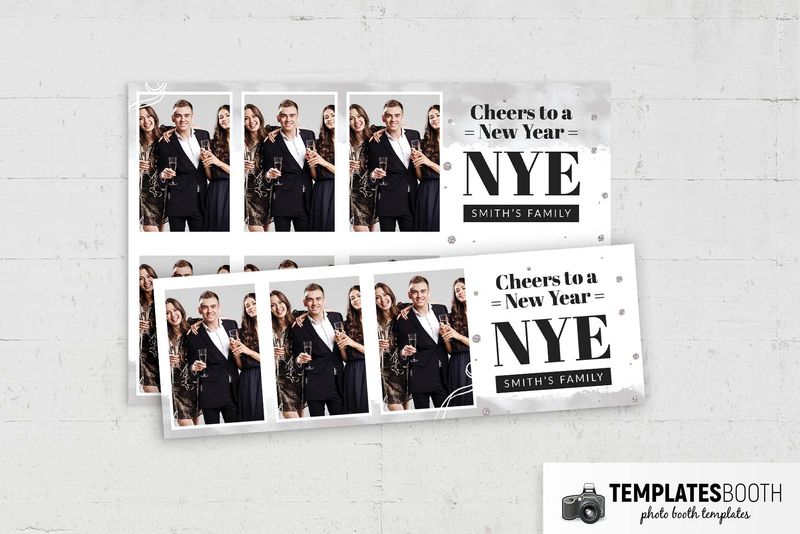 Minimal NYE photo booth template: overlapping horizontal strips with three photos and New Year greeting