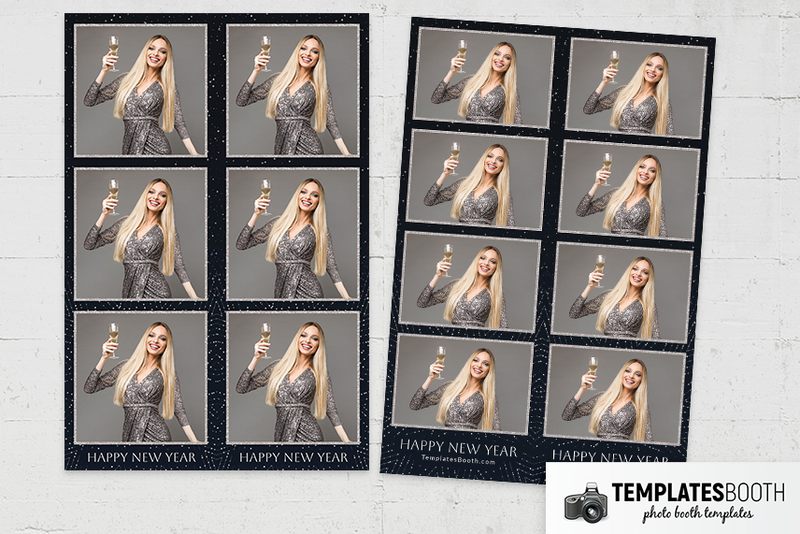 Minimalist New Year photo booth template: three-photo and four-photo strip pairs on brick background