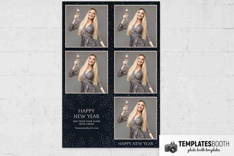 Minimalist New Year photo booth template: portrait print with five photos and New Year greeting