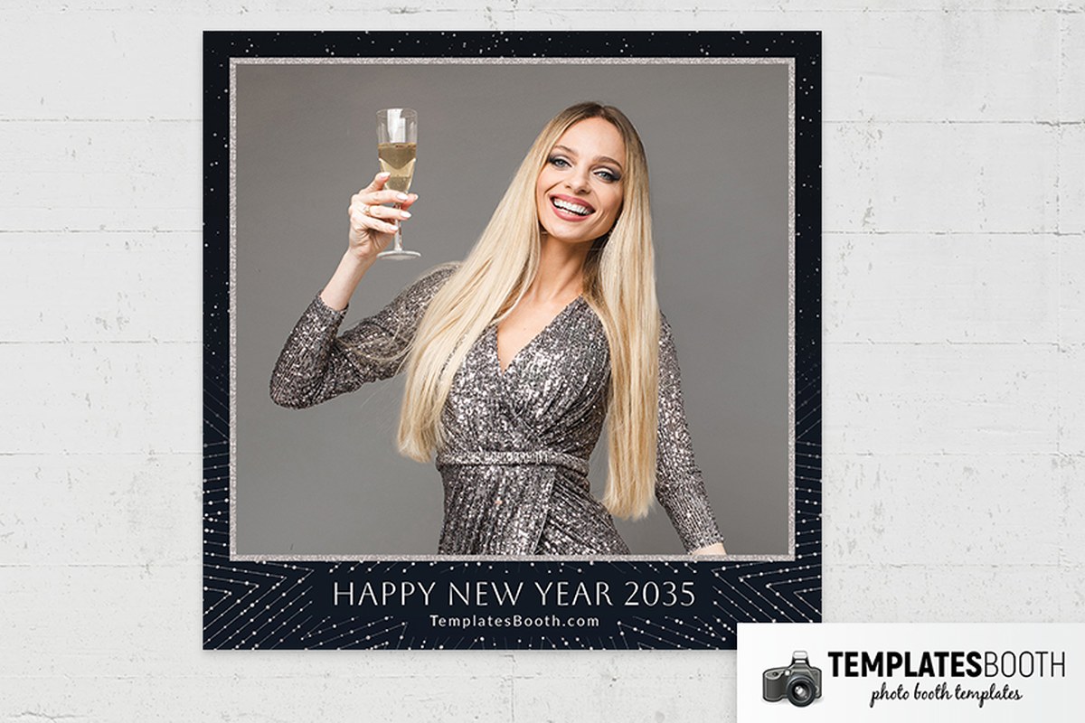 Minimalist New Year photo booth template with navy artwork, silver-bordered photos, small stars, and dotted angular rays
