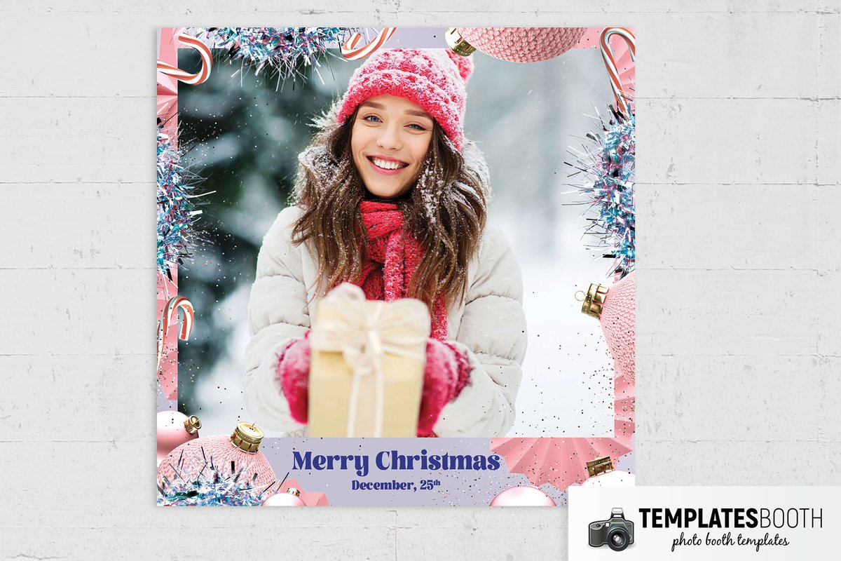 Modern Christmas photo booth template with lavender borders, pink baubles, paper fans, candy canes and silver tinsel