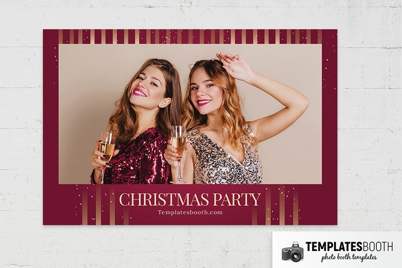 Modern Christmas Party photo booth template: landscape burgundy print with one photo and Christmas party footer