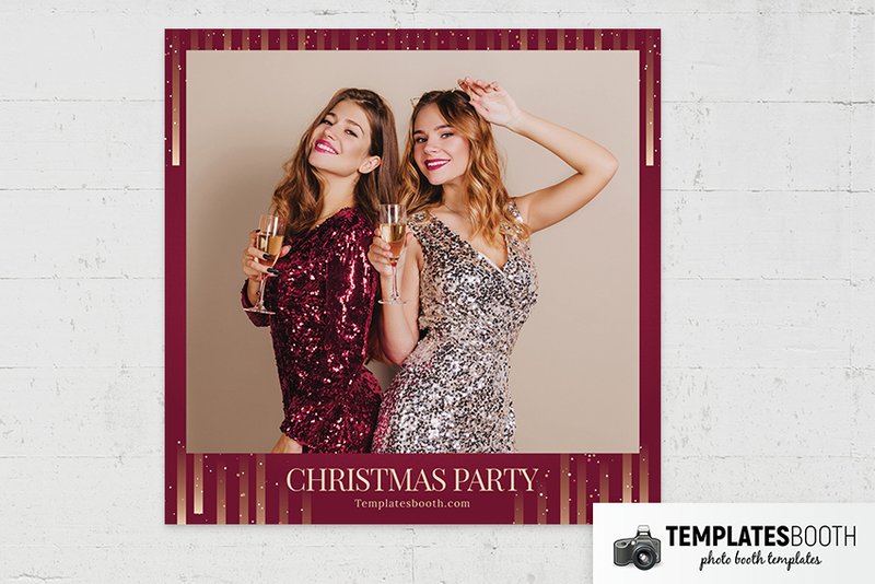Modern Christmas Party photo booth template: square burgundy print with one photo and Christmas party footer
