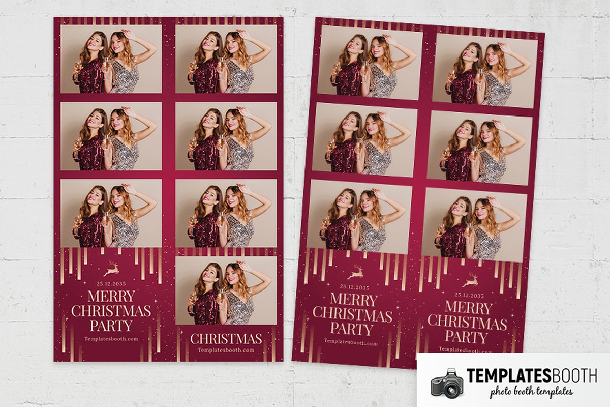 Christmas party photo booth strip with deep red borders, gold vertical bars and a gold leaping reindeer