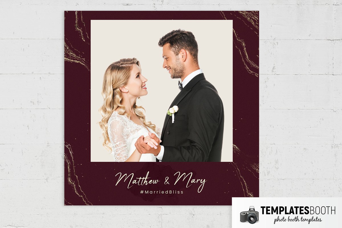 Burgundy wedding photo booth template with gold marble veins, cream script names and rectangular photo openings