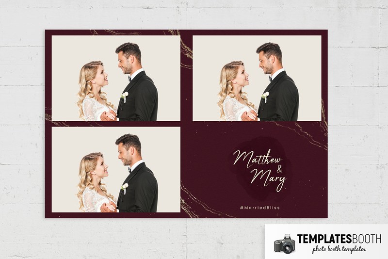 Moody Burgundy photo booth template: burgundy landscape print with three photos and wedding names