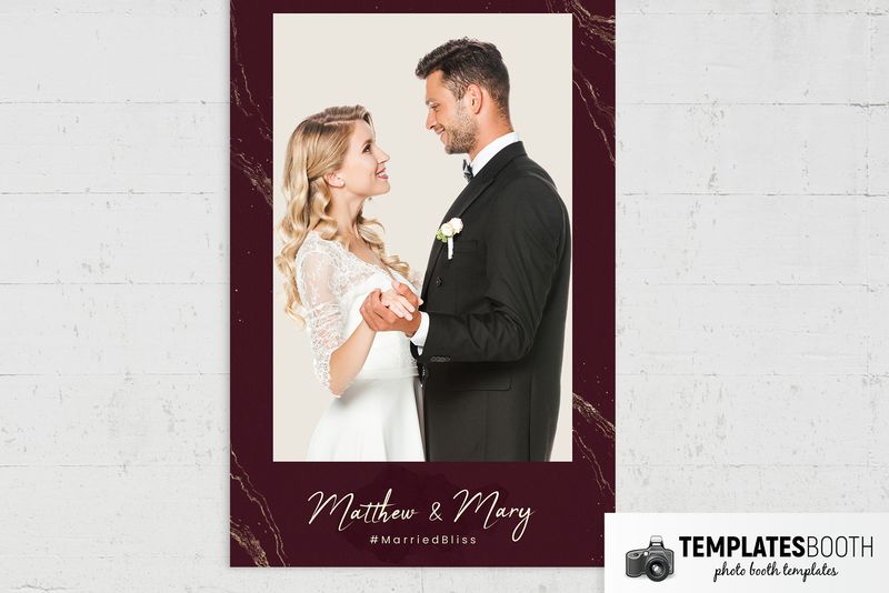 Moody Burgundy photo booth template: burgundy portrait print with one photo and names