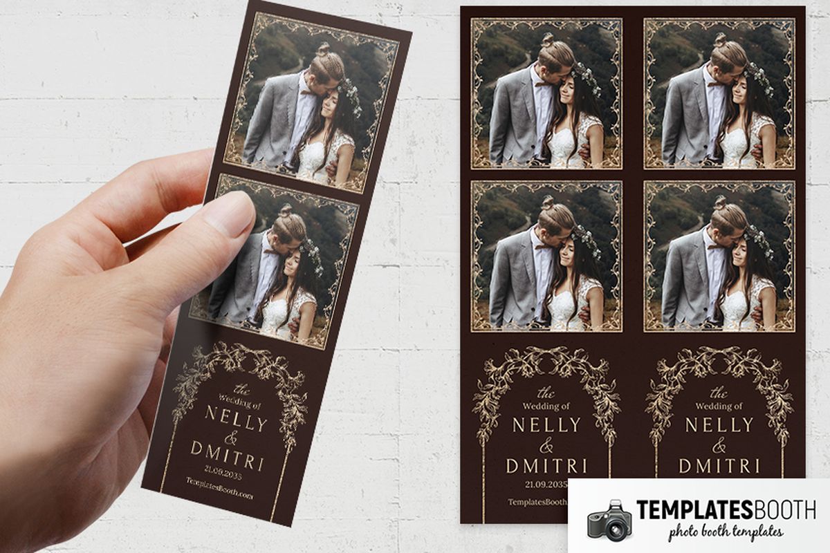 Dark brown wedding photo booth template with fine cream botanical photo borders and leafy flourishes around the names