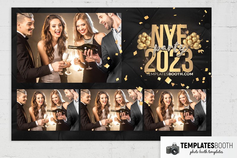 New Year's Eve photo booth template: landscape print with one large photo and three smaller photos