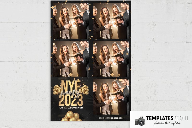 New Year's Eve photo booth template: portrait print with five photos and gold New Year lettering