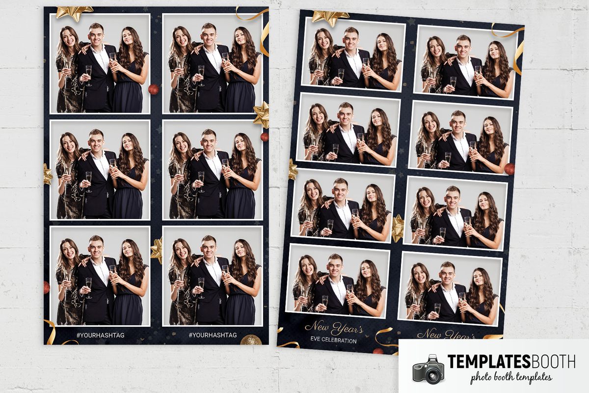 New Year's Eve photo booth template with navy artwork, gold star bows, red ornaments, two photos, and a stacked white year