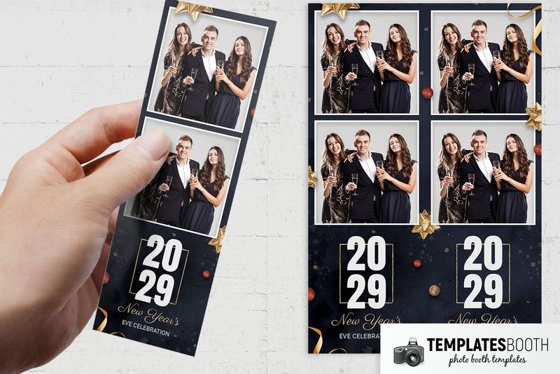 New Year’s Eve photo booth template: two-photo strip held beside two matching strips