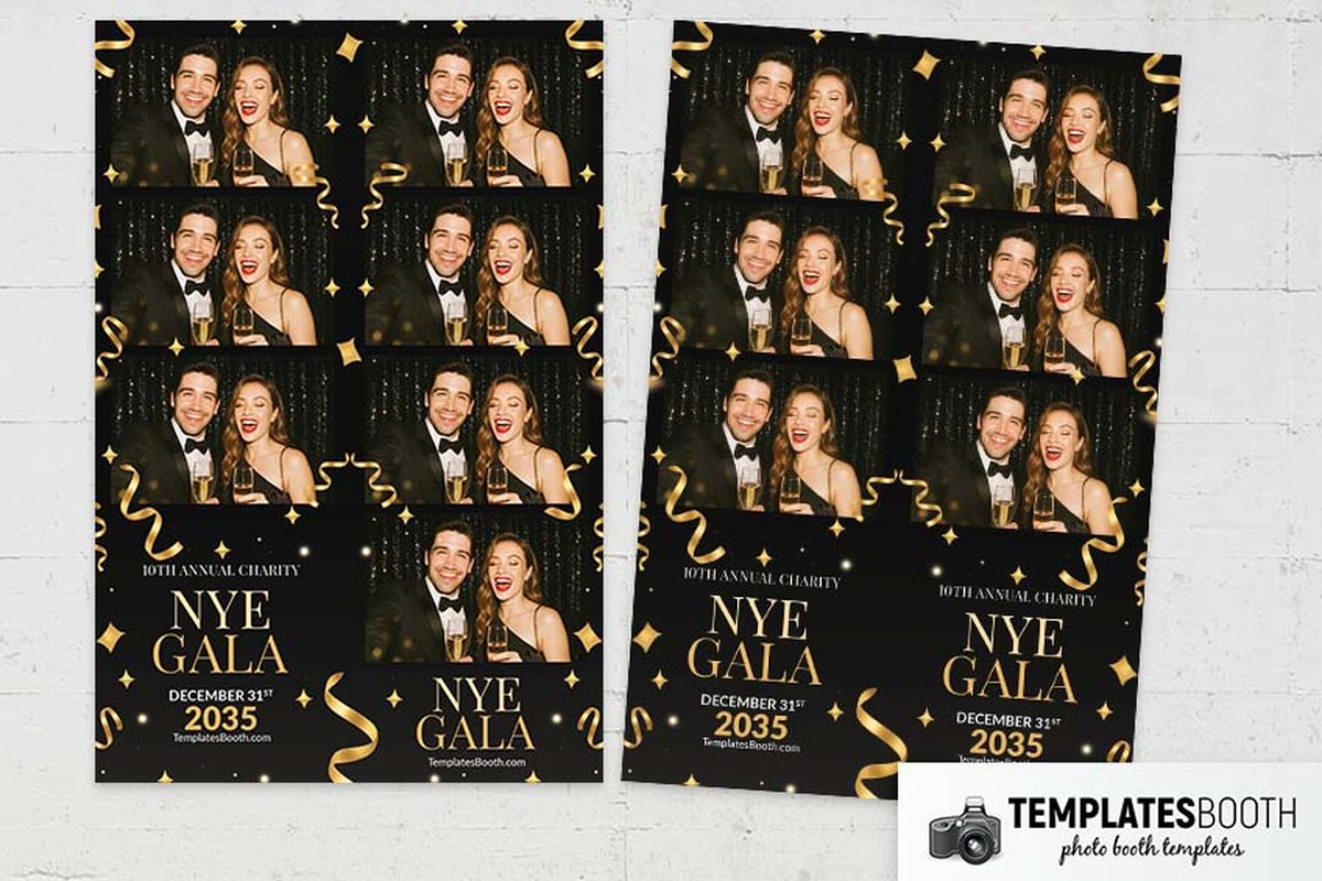 NYE Gala photo booth template with black artwork, curling gold streamers, four-point stars, and rectangular photo openings