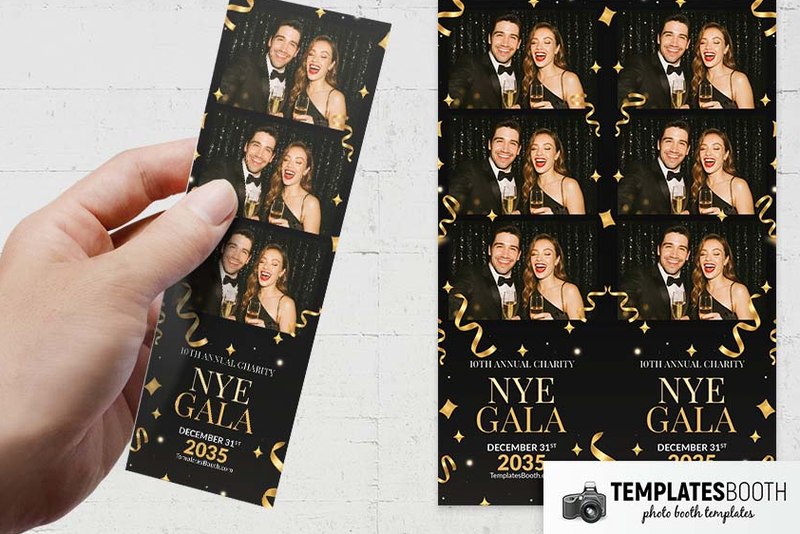 NYE Gala photo booth template: three-photo black and gold strip held beside matching paired strips