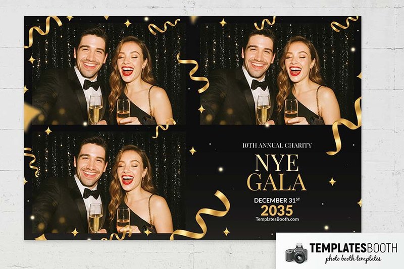 NYE Gala photo booth template: landscape print with three photos and gold gala text