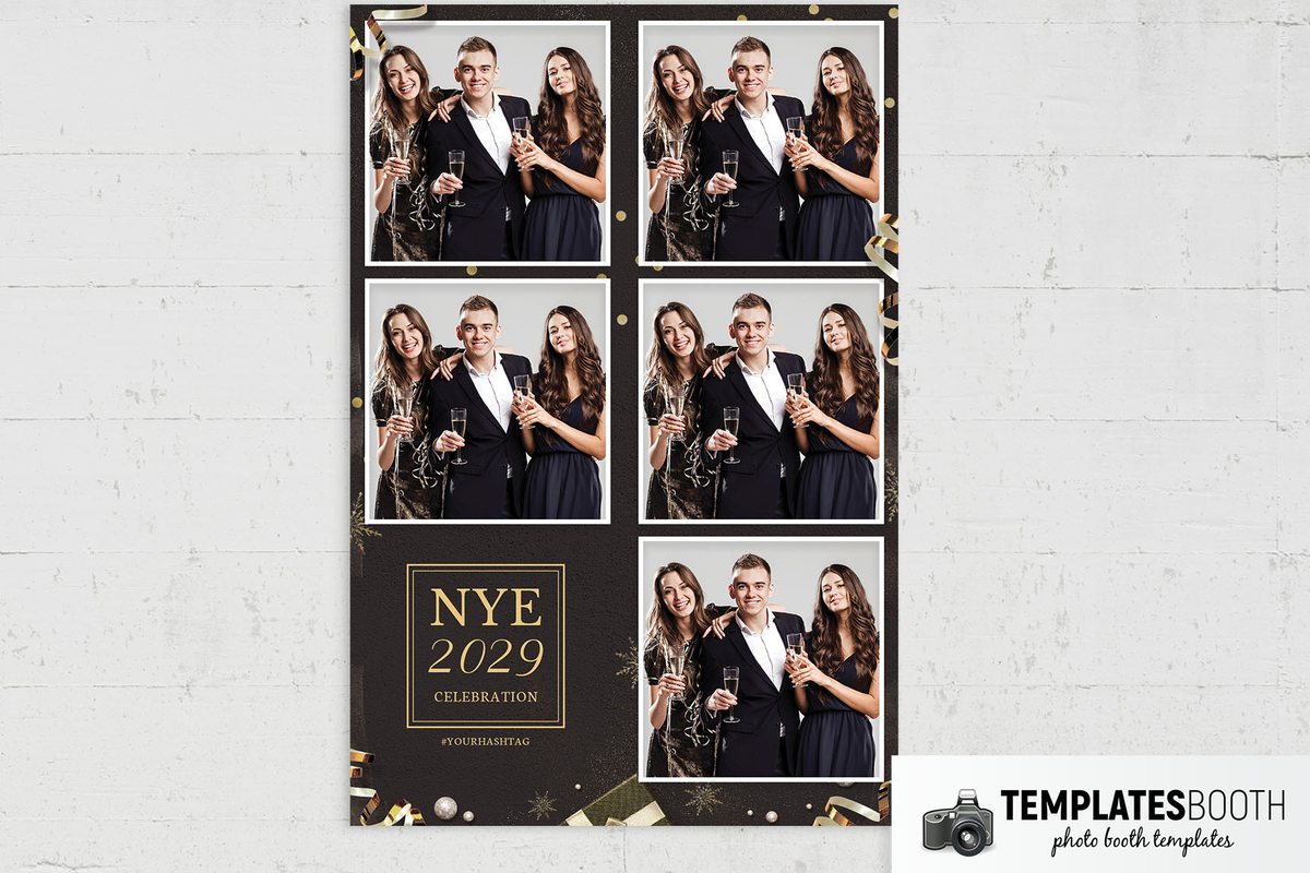 NYE photo booth template with two white-bordered photos, gold ribbons, silver glitter balls, and a framed text panel