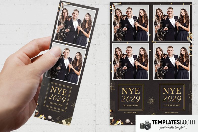 NYE photo booth template: hand holding two photo strip beside two matching strips