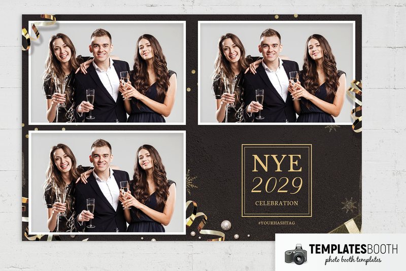 NYE photo booth template: landscape print with three photos and gold celebration text