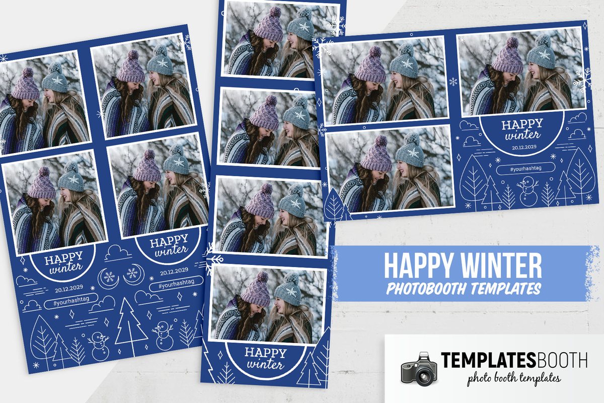 Navy winter photo booth template with white photo borders and line drawings of snowmen, trees, snowflakes and a moon
