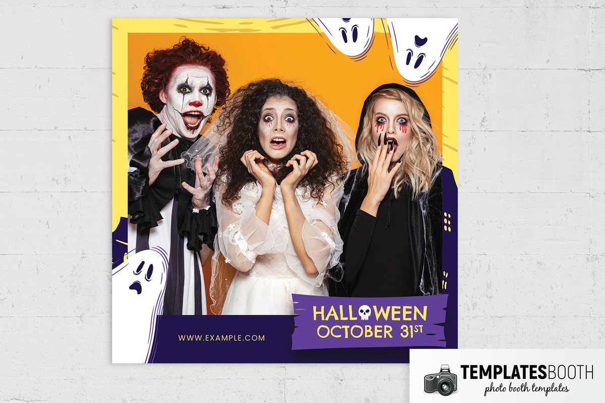 Halloween photo booth template with a white cartoon ghost, yellow background and crooked purple haunted houses