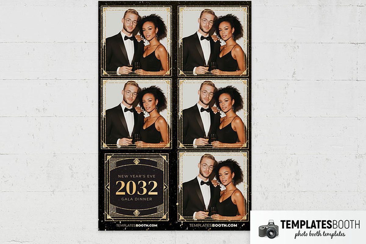 Retro New Year's Eve photo booth template with black and gold photo frames, speckles, diamonds, and a stepped year panel