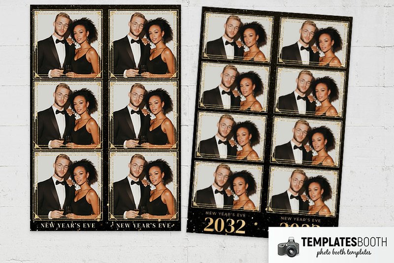 Retro New Years Eve photo booth template: three-photo strips beside four-photo strips on white brick