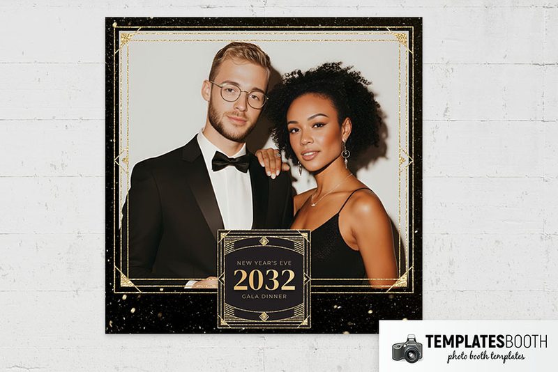 Retro New Years Eve photo booth template: square print with one photo and overlapping gala dinner panel