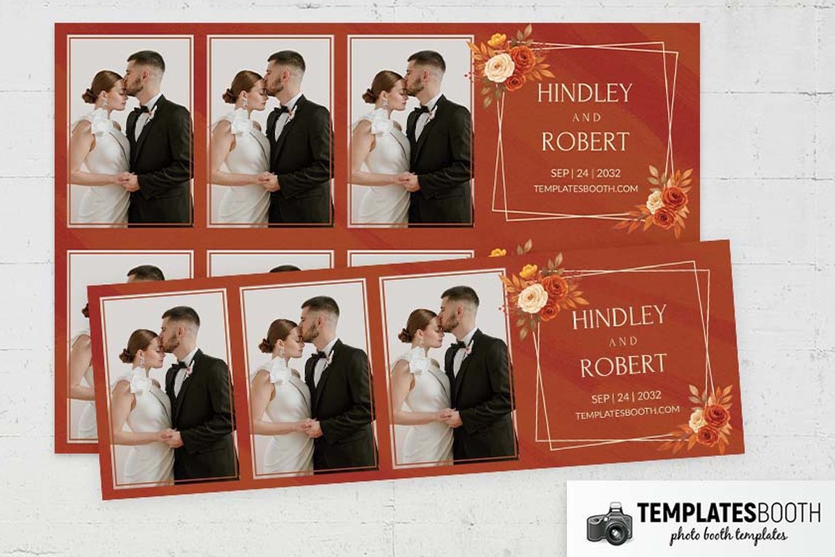 Rust-orange wedding photo booth strip with cream double photo borders, floral clusters and overlapping gold rectangles