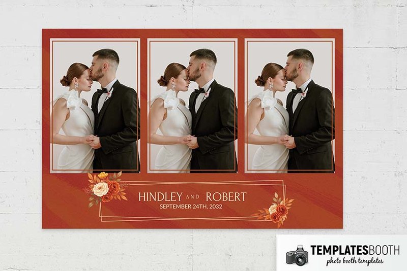 Rust Orange photo booth template: landscape wedding print with three portrait photos and floral footer