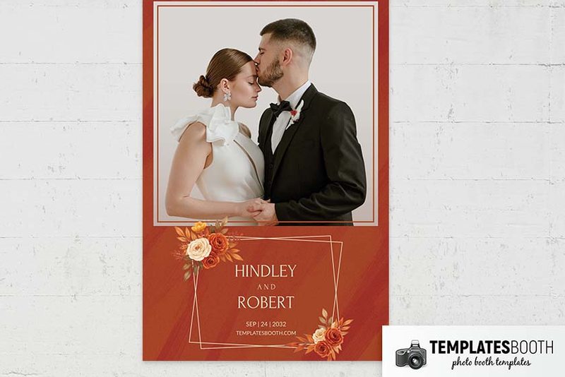 Rust Orange photo booth template: red portrait print with one photo above wedding names