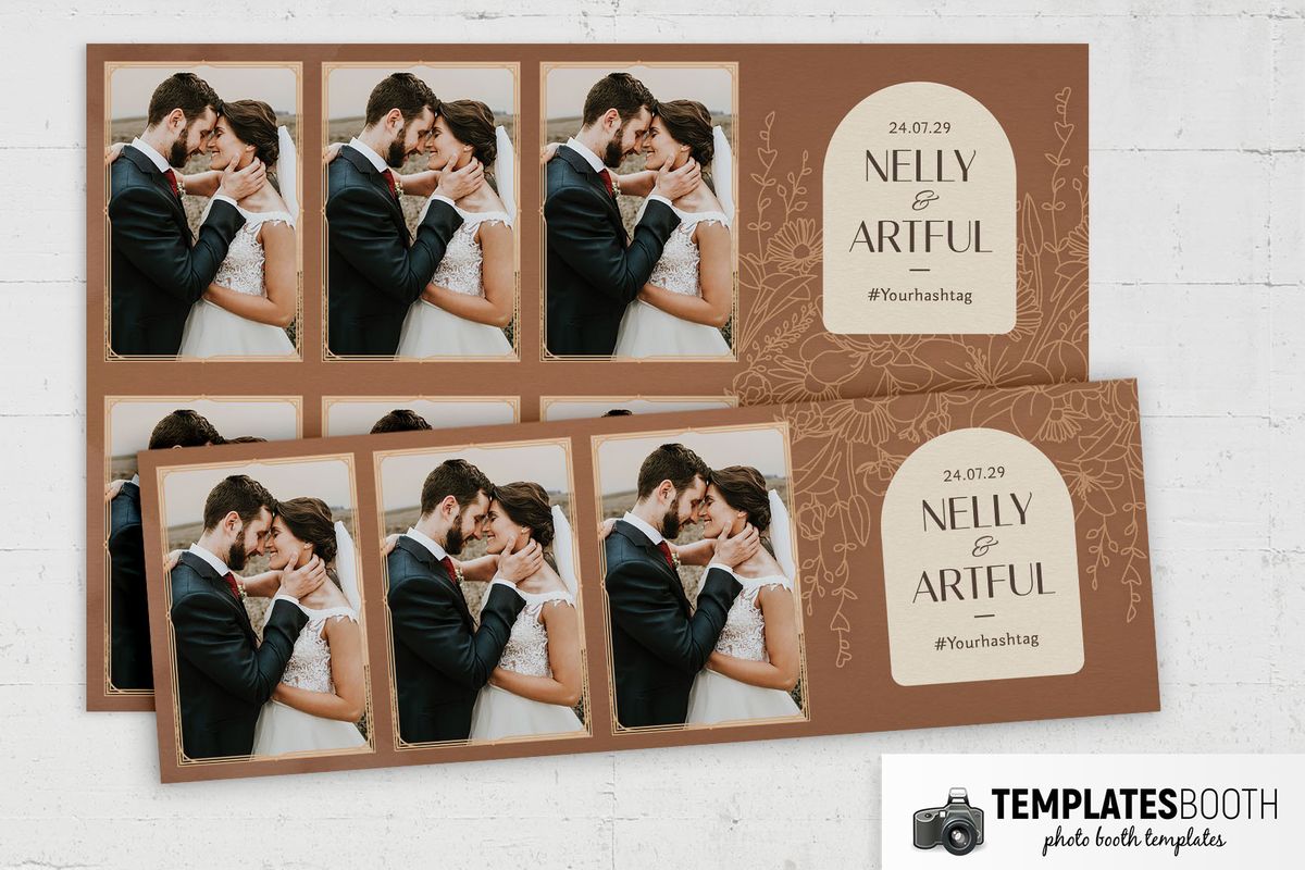 Rust-orange wedding photo strip with peach geometric photo borders, floral linework and a cream arch-shaped name panel